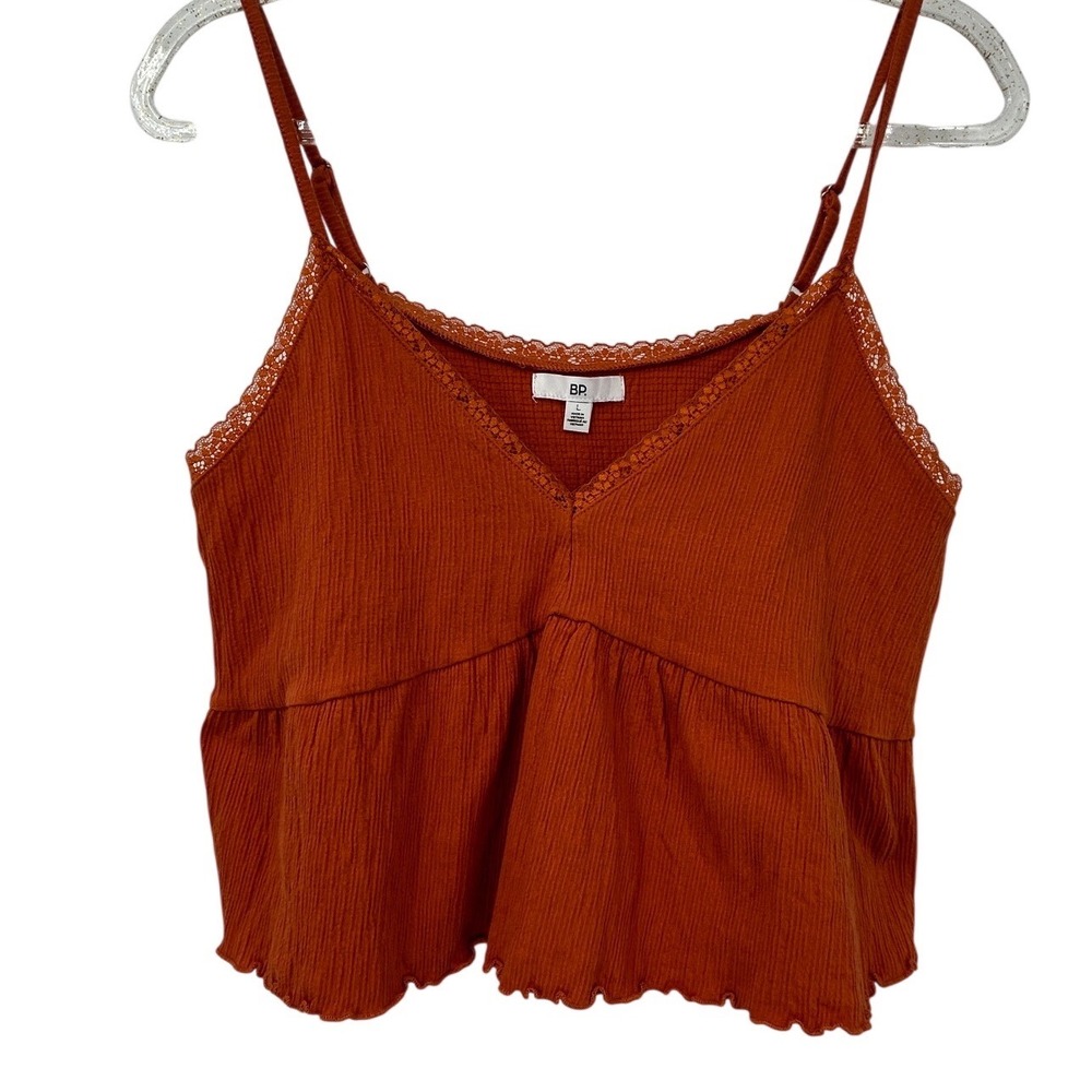 BP. Womens Rust Orange Ribbed Lace Trim Babydoll Camisole Top‎ Large NWT